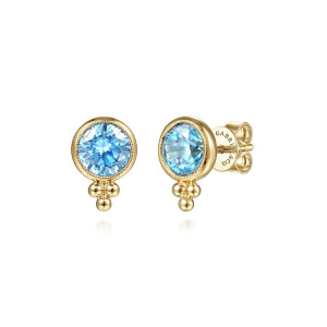 Gabriel & Co. EG13742Y4JBT 14 karat yellow gold Bujukan earrings, front view of the pair, a blue round stone with a cluster of metal beads below