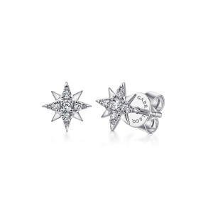 Gabriel & Co. EG13749W45JJ 14 karat white gold Kaslique earrings, front view of the pair showing the star points, the center diamond and the post with a push back