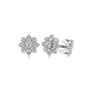 Gabriel & Co. EG13818W45JJ 14 karat white gold Lusso earrings, front view of a pair, one turned to show the maker's mark disc and post