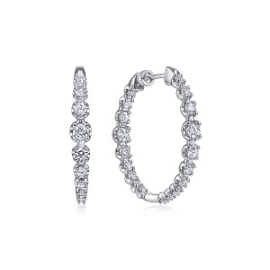 Gabriel & Co. EG13820W45JJ 14 karat white gold Lusso earrings, front view of the pair, one hoop edge on showing stones growing larger toward the middle