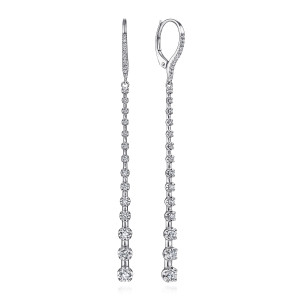 Gabriel & Co. EG13831W45JJ 14 karat white gold Lusso earrings, front view of the pair, a long line of graduated diamonds under a pave lined lever back wire