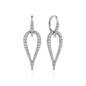 Gabriel & Co. EG13833W45JJ 14 karat white gold Kaslique earrings, front view of the pair, open pointed outlines edged with diamonds under lever back wires