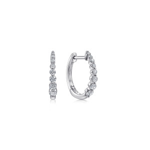 Gabriel & Co. EG13835W45JJ 14 karat white gold Lusso earrings, front view of the pair, showing round diamonds growing larger from the hinge down to the base