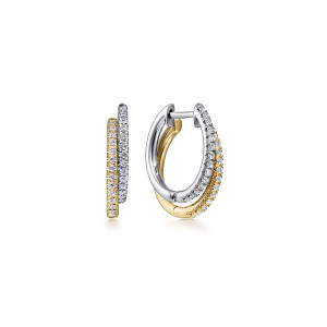 Gabriel & Co. EG13839M45JJ 14 karat white and yellow gold Lusso earrings, front view of two huggies, one seen side on and one open to show the overlapping bands