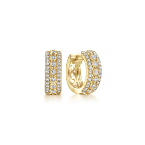 Gabriel & Co. EG13843Y45JJ 14 karat yellow gold Lusso earrings, front view of the pair, one huggie face on and one turned to show the open inner wall