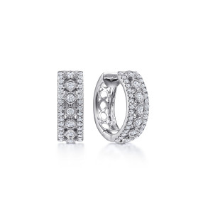 Gabriel & Co. EG13844W45JJ 14 karat white gold Lusso earrings, front view of the pair, one face on and one turned to show its pierced back