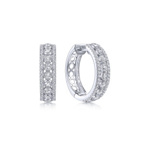 Gabriel & Co. EG13845W45JJ 14 karat white gold Lusso earrings, front view of the pair showing the bezel row and the openwork inside wall
