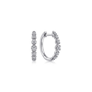 Gabriel & Co. EG13850W45JJ 14 karat white gold Lusso earrings, front view of two slim huggies, the diamond row largest at the middle of each loop