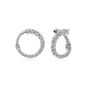 Gabriel & Co. EG13860W45JJ 14 karat white gold Lusso earrings, front view of the pair, one circle facing out and one turned into a drop shaped loop