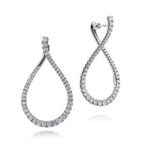 Gabriel & Co. EG13864W45JJ 14 karat white gold Lusso earrings, front view of the pair, one loop face on and one turned to show the crossover