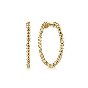Gabriel & Co. EG13929Y4JJJ 14 karat yellow gold Bujukan earrings, front view of two beaded hoops, one edge on and one showing the screw back