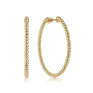 Gabriel & Co. EG13930Y4JJJ 14 karat yellow gold Bujukan earrings, front view of a pair, a ridged post cap at the top and rippled beads edge on