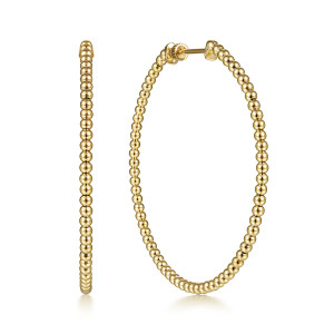 Gabriel & Co. EG13931Y4JJJ 14 karat yellow gold Bujukan earrings, angled view of a pair, one hoop turned to show the beaded circle and one seen edge on