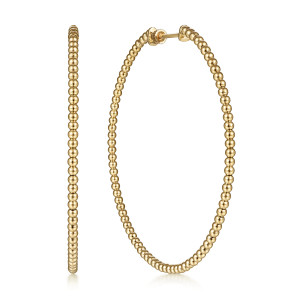 Gabriel & Co. EG13932Y4JJJ 14 karat yellow gold Bujukan earrings, front view of the pair, one hoop edge on as a column of beads beside an open loop