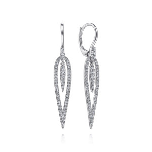 Gabriel & Co. EG13943W45JJ 14 karat white gold Kaslique earrings, front view of two long outlines, one turned to show the hinged lever back and the inner spear