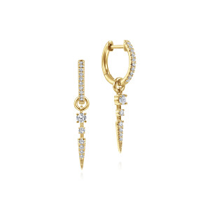 Gabriel & Co. EG13945Y45JJ 14 karat yellow gold Kaslique earrings, front view of two huggies, one flat on showing the drop, one turned to show its hinge