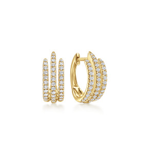 Gabriel & Co. EG13946Y45JJ 14 karat yellow gold Kaslique earrings, front view of the pair, three parallel stone rows with the tallest band in the center