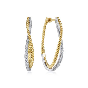 Gabriel & Co. EG13947M45JJ 14 karat white and yellow gold Hampton earrings, front view of the pair, one hoop turned to show the crossing strands and screw cap