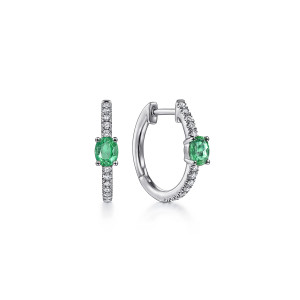 Gabriel & Co. EG13963W45EA 14 karat white gold Color earrings, front view of the pair showing a green oval stone flanked by rows of small stones