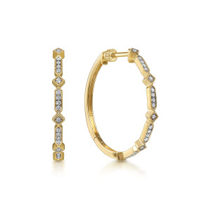 Gabriel & Co. EG13964Y45JJ 14 karat yellow gold Kaslique earrings, front view of the pair, one hoop edge on and one open with its hinge seam