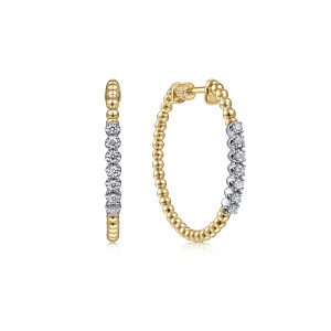 Gabriel & Co. EG13971Y45JJ 14 karat yellow gold Bujukan earrings, front view of the pair, a row of round diamonds set along each beaded hoop