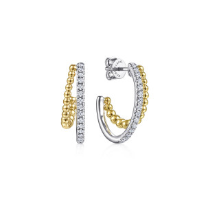 Gabriel & Co. EG13973M45JJ 14 karat white and yellow gold Bujukan earrings, angled view of the pair, one hoop straight on and one turned to show its post