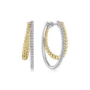 Gabriel & Co. EG13974M45JJ 14 karat white and yellow gold Bujukan earrings, front view of the pair, a diamond row on a smooth hoop with a bead loop behind