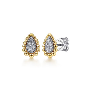 Gabriel & Co. EG13978M45JJ 14 karat white and yellow gold Bujukan earrings, front view of the pair, one stud turned to show the post and push back