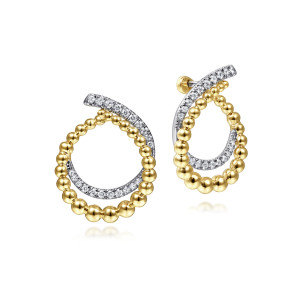 Gabriel & Co. EG13991M45JJ 14 karat white and yellow gold Bujukan earrings, front view of two swirls, one facing out and one turned to show its post