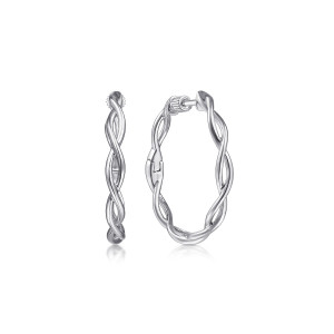Gabriel & Co. EG13994SVJJJ sterling silver Contemporary earrings, front view of the pair, one hoop edge on showing the spiral and one open with its hinge