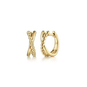 Gabriel & Co. EG14001Y4JJJ 14 karat yellow gold Bujukan earrings, front view of the pair, one huggie face on showing the X and one angled showing the hinge