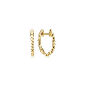 Gabriel & Co. EG14010Y4JJJ 14 karat yellow gold Bujukan earrings, front view of two beaded huggies, one edge on, one turned to show the top bar