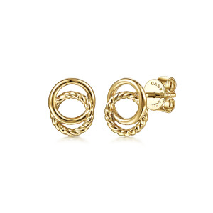 Gabriel & Co. EG14017Y4JJJ 14 karat yellow gold Hampton earrings, front view showing a smooth circle crossing a twisted rope circle, with post and push back