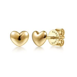 Gabriel & Co. EG14018Y4JJJ 14 karat yellow gold Contemporary earrings, front view of the pair showing the domed hearts, one turned to show its post and push back