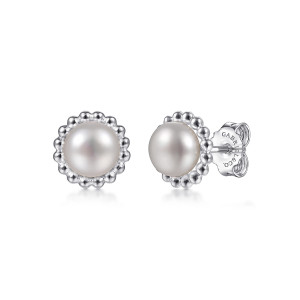Gabriel & Co. EG14019SVJPL sterling silver Bujukan earrings, front view of the pair showing the pearl, its bead ring and a marked push back