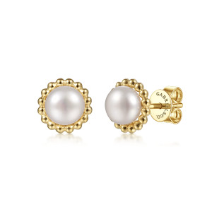 Gabriel & Co. EG14019Y4JPL 14 karat yellow gold Bujukan earrings, front view of the pair, one pearl face on and one turned to show the post