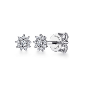 Gabriel & Co. EG14026W45JJ 14 karat white gold Lusso earrings, angled view of the pair, one face on and one turned to show the post and push back