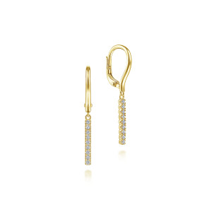 Gabriel & Co. EG14028Y45JJ 14 karat yellow gold Lusso earrings, front view of the pair, one showing the lever back loop and a straight bar of stones