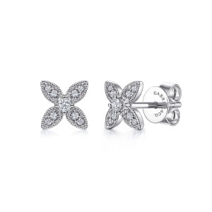 Gabriel & Co. EG14034W45JJ 14 karat white gold Victorian earrings, front view of the pair showing four beaded edged petals around a middle diamond