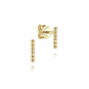Gabriel & Co. EG14039Y4JJJ 14 karat yellow gold Bujukan earrings, front view of two straight bars of round polished metal beads, one showing its push back