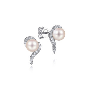 Gabriel & Co. EG14047W45PL 14 karat white gold Color earrings, front view of the pair, one facing forward and one turned to show the post and push back