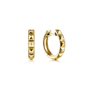 Gabriel & Co. EG14062Y4JJJ 14 karat yellow gold Contemporary earrings, front view of the pair, one edge on and one showing the inner curve and hinge