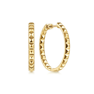 Gabriel & Co. EG14063Y4JJJ 14 karat yellow gold Contemporary earrings, front view of the pair, one hoop open to the viewer and one turned edge on