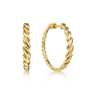 Gabriel & Co. EG14066Y4JJJ 14 karat yellow gold Contemporary earrings, front view of the pair, one edge on showing stepped leaf shapes, one open with a post cap