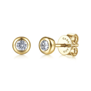 Gabriel & Co. EG14085Y4JWS 14 karat yellow gold Contemporary earrings, front view of a pair, one stone in each smooth rim, one turned to show the post