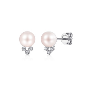 Gabriel & Co. EG14089W45PL 14 karat white gold Color earrings, front view of the pair with a pearl above a triangle of diamonds and a push back