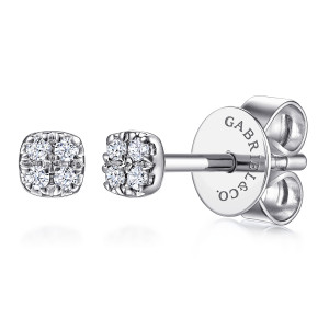 Gabriel & Co. EG14096W45JJ 14 karat white gold Lusso earrings, close detail of two studs, four diamonds each, with the post and push back