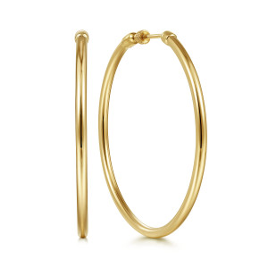 Gabriel & Co. EG14100Y4JJJ 14 karat yellow gold Contemporary earrings, front view of the pair, one hoop face on, one edge on, ribbed cap on the post