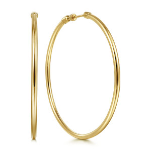 Gabriel & Co. EG14101Y4JJJ 14 karat yellow gold Contemporary earrings, angled view of the pair, one hoop edge on and one open, with a knurled cap above