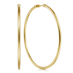Gabriel & Co. EG14102Y4JJJ 14 karat yellow gold Contemporary earrings, front view of the pair, one on edge showing the round tube, one open